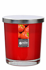 Ein Maxi-Duftkerzenglas von Müller Kerzenfabrik in der Größe 11x9,5cm mit dem Duft Erdbeer-Liebe.