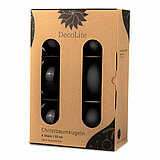 Ein 6er Pack Christbaumkugeln in Schwarz mit 10cm Durchmesser von DecoLite in einer dekorativen Schachtel.