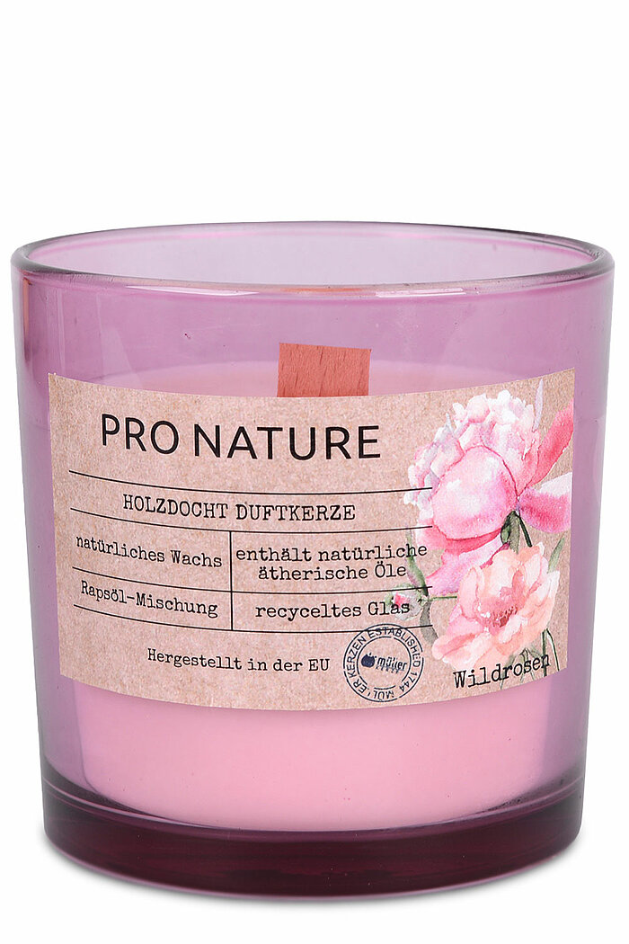 Ein Raps Duftglas mit Holzdocht von Müller Kerzenfabrik in der Größe 10x10cm mit Wildrosen-Duft.