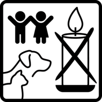 Kerzen Piktogramm: Brennende Kerzen von Kindern und Tieren fernhalten.